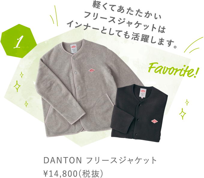 1 軽くてあたたかいフリースジャケットはインナーとしても活躍します。 DANTON フリースジャケット ¥14,800(税抜)